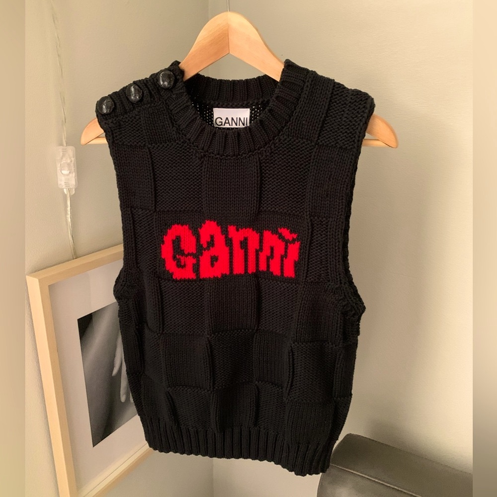 Ganni cotton rope knit vest sweater vest black/red